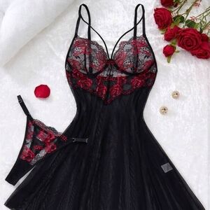 Black and Red Lace Chemise Set